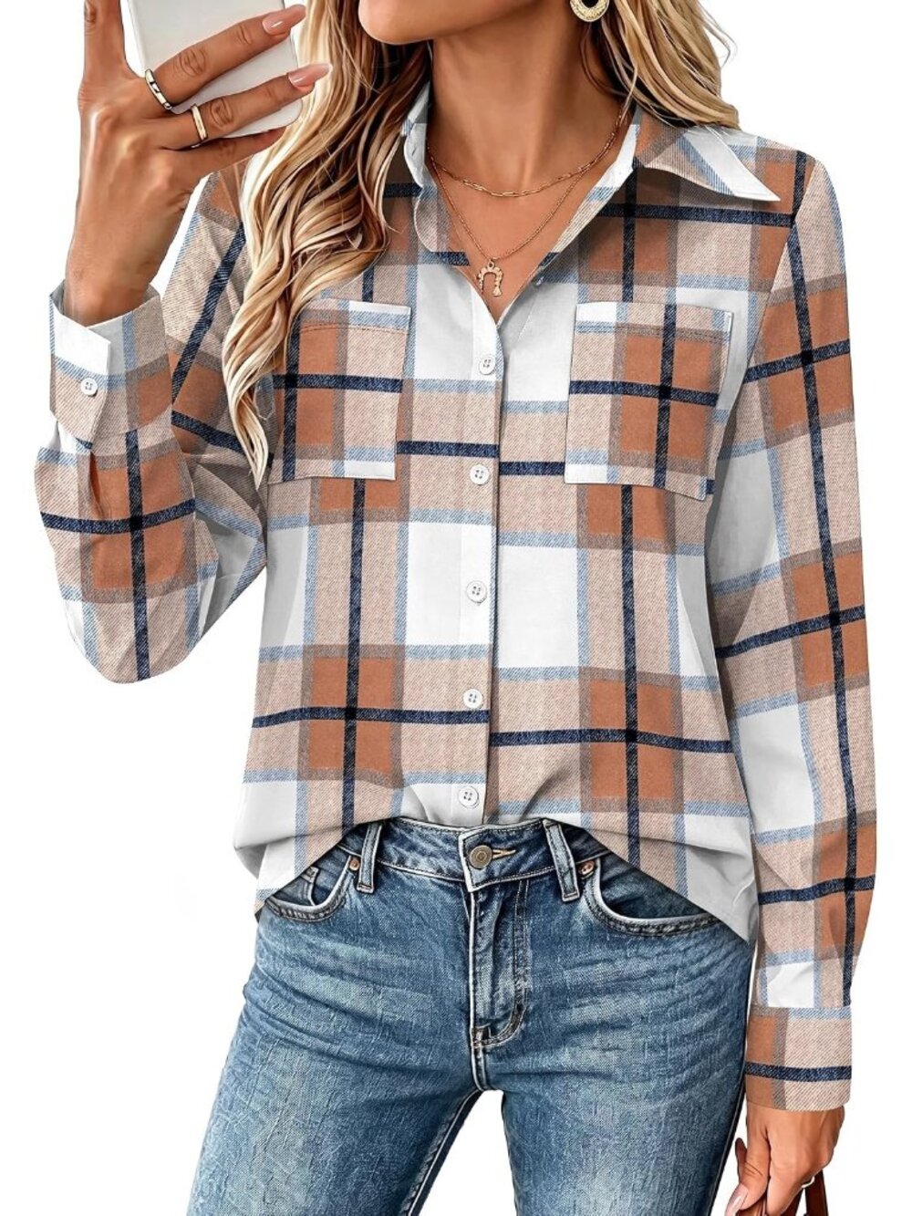Women's Plaid Brown Long Sleeve Shirts Button Down Top Pocket Casual Blouses